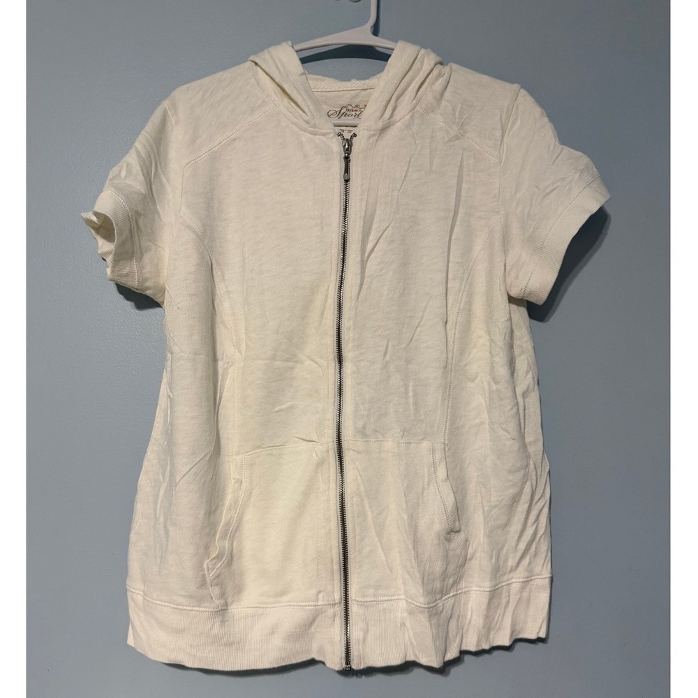 Style & Co Sport Women's L Cream Short Sleeve Zip Up Hoodie Cotton 1099